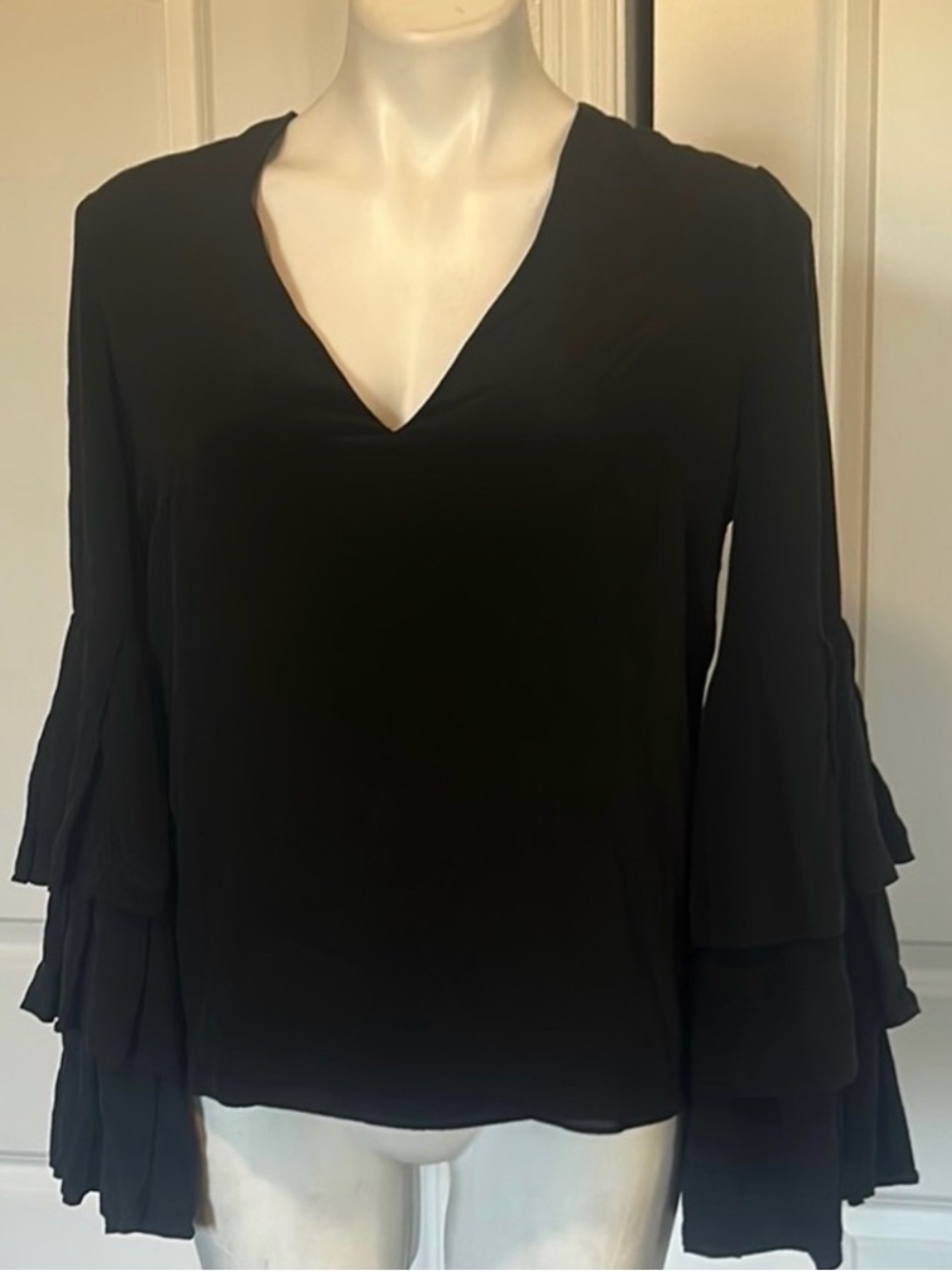 Alexis Black Silk V-Neck Blouse Tiered Layered Bell Sleeves|Size M | Retail $384 - Picture 3 of 9